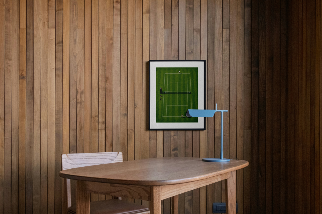 Grass court tennis scene art print, framed, on a wall