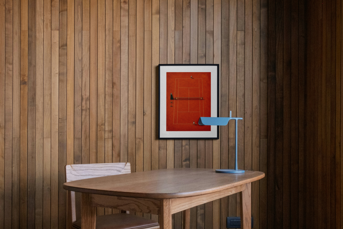 Clay court tennis scene art print, framed, on a wall