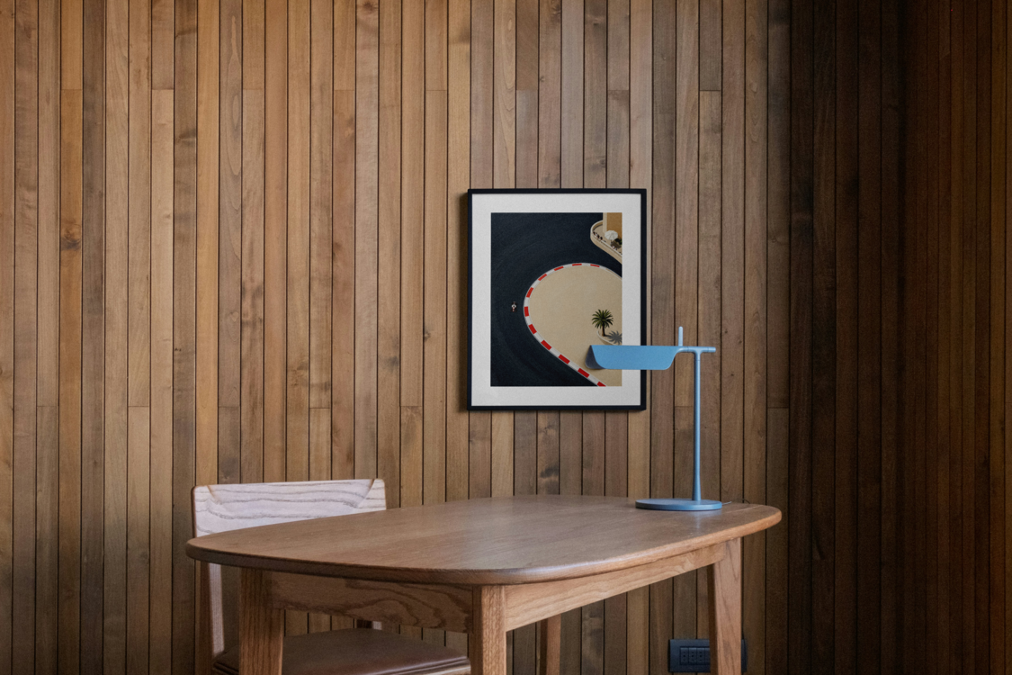 Street circuit hairpin motorsport scene art print, framed, on a wall
