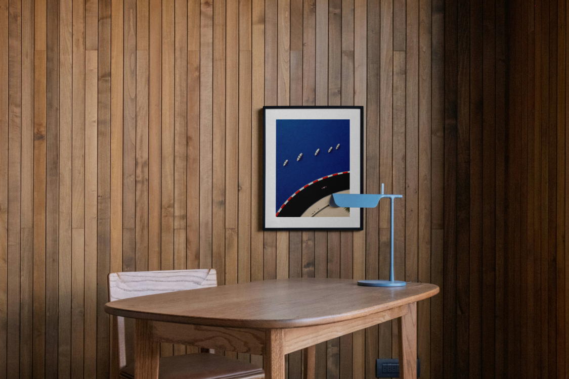 Harbour circuit motorsport scene art print, framed, on a wall