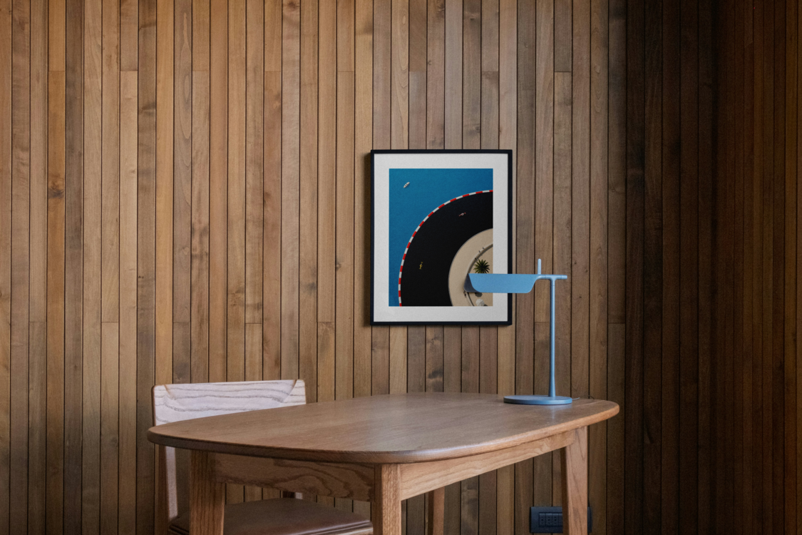 Grand prix curve motorsport scene art print, framed, on a wall